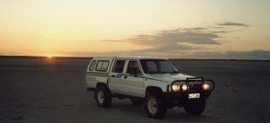 BABS on the Makgadikgadi Pans at sunset.