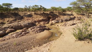 Exposed bedrock in the river at Metsimotlhaba, side effect of sand ming