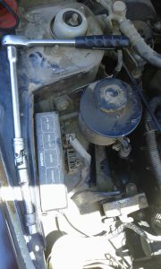 Socket set components required to adjust air conditioning and alternator belt tension on Nissan March/Micra K11